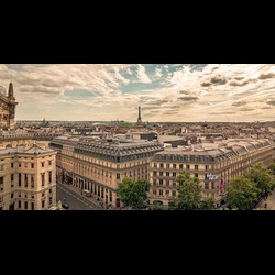 City view of Paris with Eiffel Tower in the distance